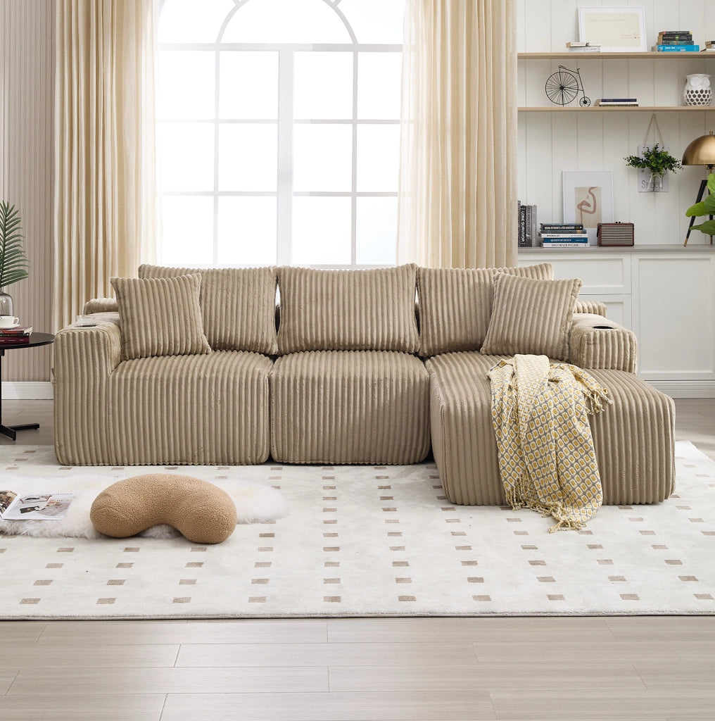 Divano modulare 257x90-160x62 cm con chaise longue; 5 cuscini e portabicchieri in corduroy khaki