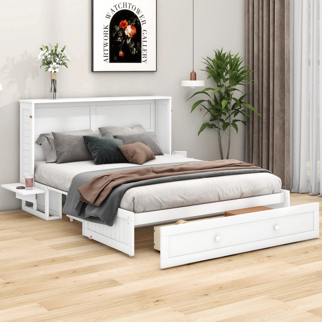 OKWISH Letto a scomparsa 140×200 cm, Letto Matrimoniale con 1 Cassetto e Mensole, senza Materasso, in Pino e MDF, Bianco