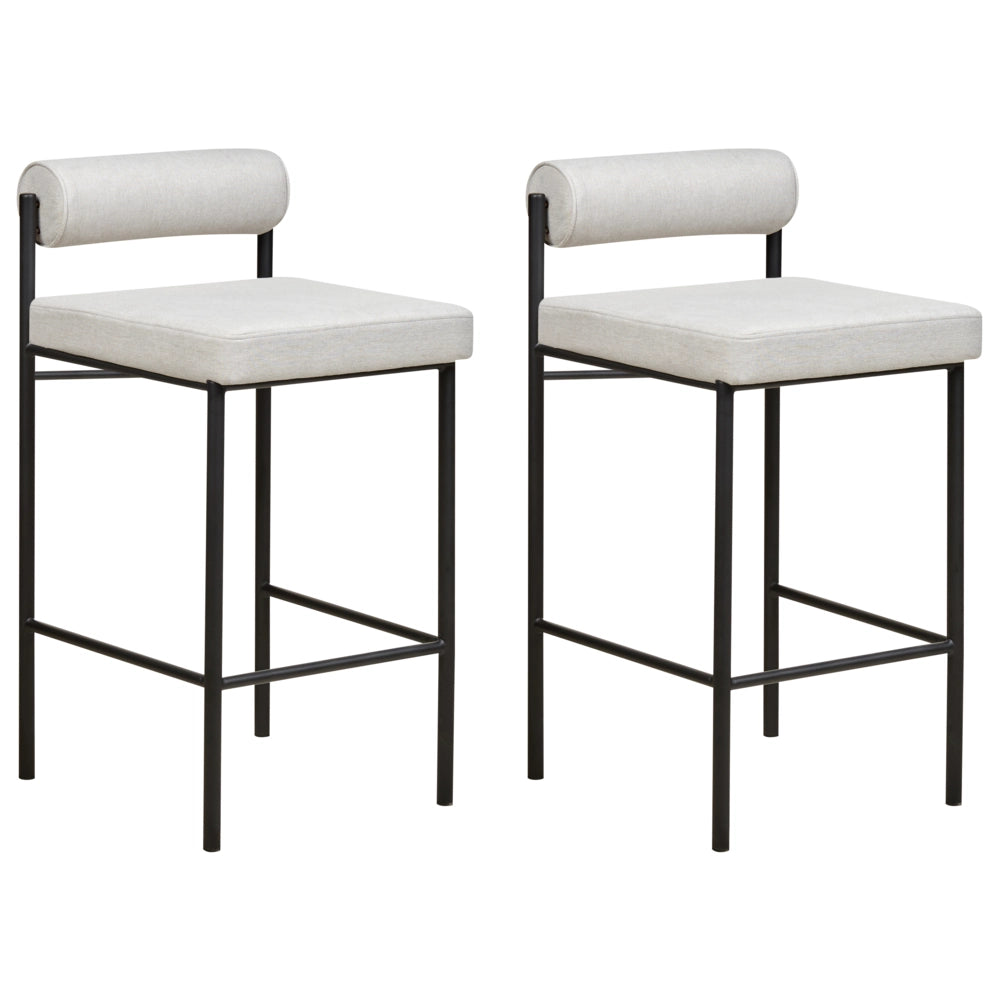 Set di 2 sedie da bar Rivestimento in tessuto grigio chiaro Gambe in metallo nero Sgabelli senza braccioli Schienale curvo Sala da pranzo moderna Cucina