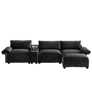 Divano angolare modulare 4 posti con pouf; ricarica wireless; altoparlanti; luce; ciniglia nera
