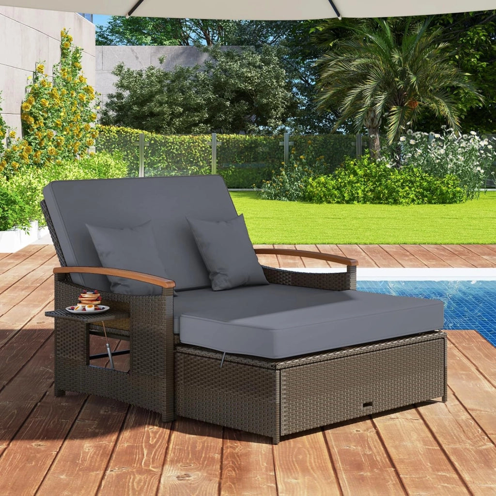 Divano da Giardino in Rattan a 2 Posti con Funzione Allungata, Set di Mobili in Rattan con Sgabello, Doppia Sedia a Sdraio per 2 Persone, 3 Colori (Cuscino Grigio)