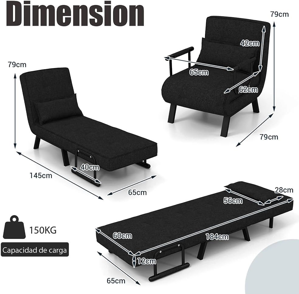 4 in 1 Poltrona Letto Singolo, Poltrona Pieghevole con Schienale Reclinabile a 6 Livelli, Divano Letto con Materasso e Cuscino, per Soggiorno e Salotto, 79 x 65 x 79 cm (Nero)