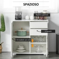 Mobiletto 2 Cassetti e 2 Ante, Apertura a Pressione, Mobile con 2 Cassetti e 2 Ante per Casa e Ufficio, 79x36x74cm, Bianco Opaco