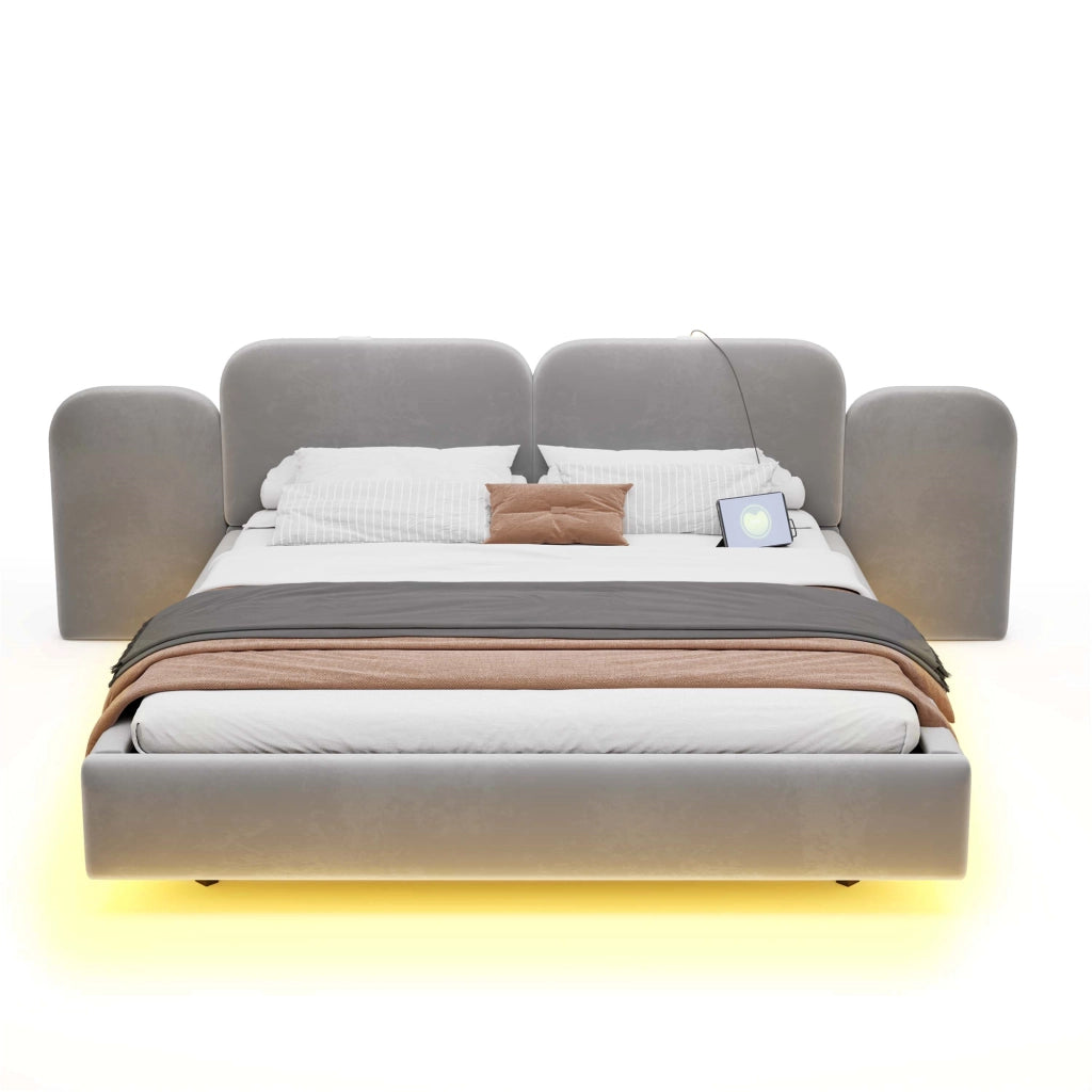 Letto imbottito 180x200 con contenitore idraulico e LED RGB; velluto grigio
