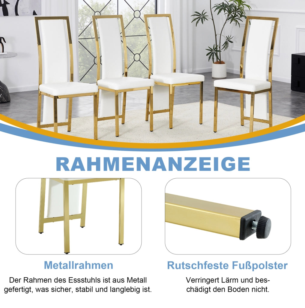 Set 4 sedie da pranzo moderne con bordo oro; 109 cm; in PU bianco e metallo dorato