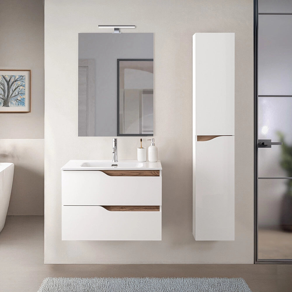 Mobile bagno sospeso 60 cm effetto bianco e quercia con pensile e lavabo Sumya