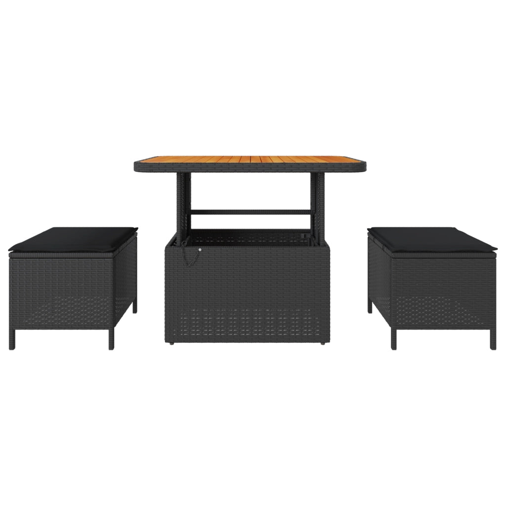 Set da Pranzo da Giardino a 3 Pezzi con Cuscini Rattan Sintetico Nero Acacia