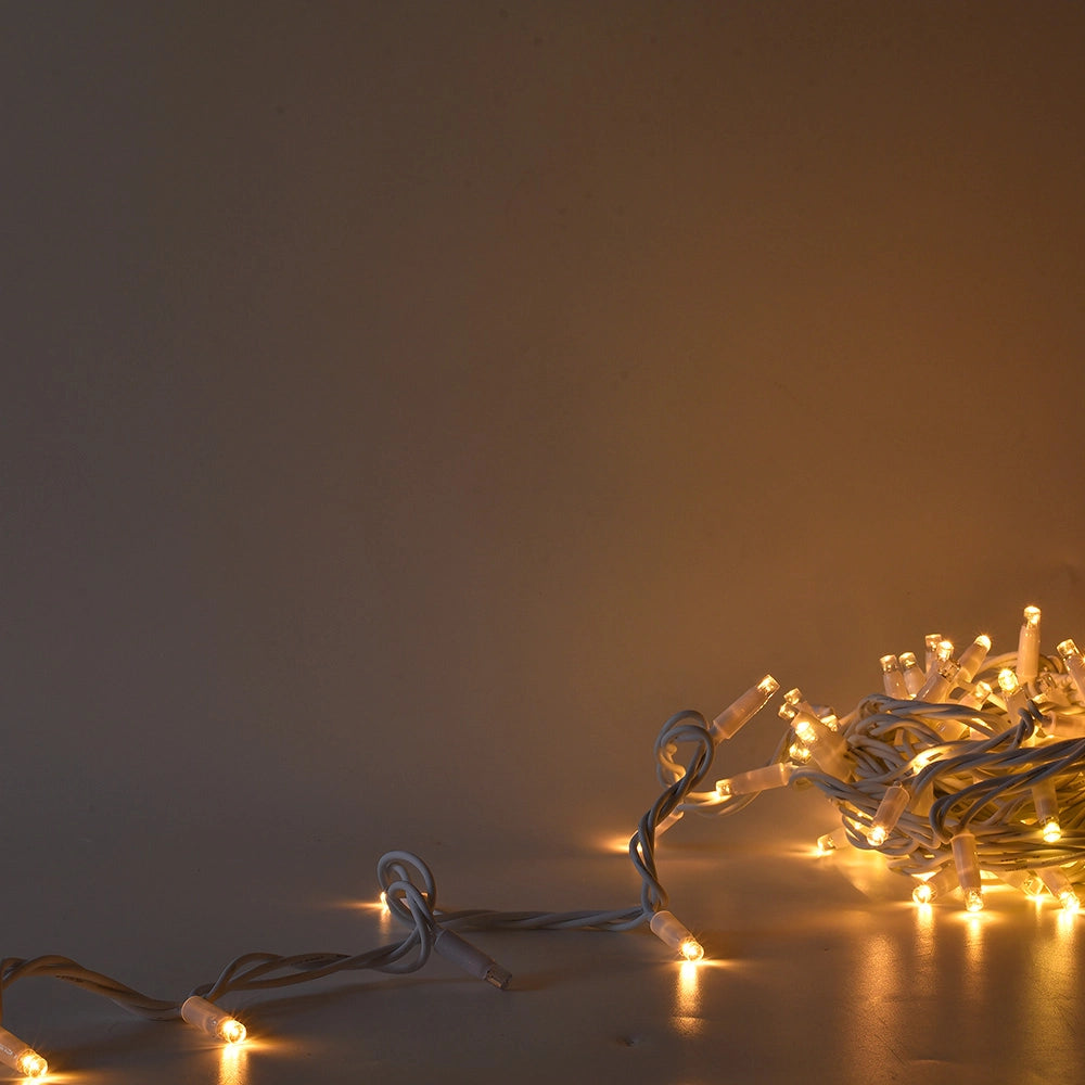 CATENA LUMINOSA PROFESSIONALE 100 MAXI-LED F8 CAVO BIANCO LUCE CALDA FISSA E INTERMITTENTE - 10 METRI PROLUNGABILE ILLUMINAZIONE DECORATIVA DA ESTERNO