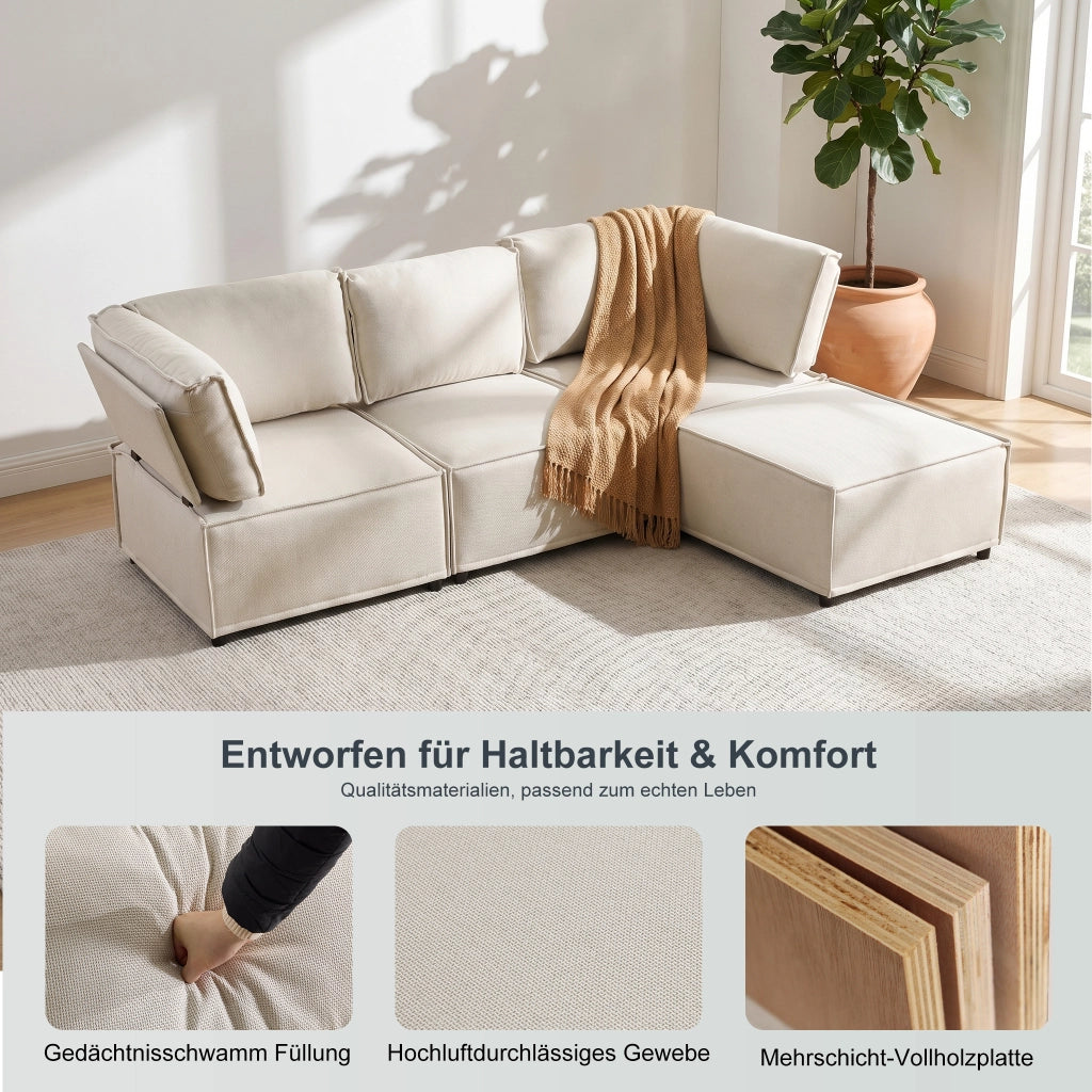Divano modulare in legno con funzione letto e struttura flessibile in tessuto beige per soggiorno 238 × 154 × 75 cm