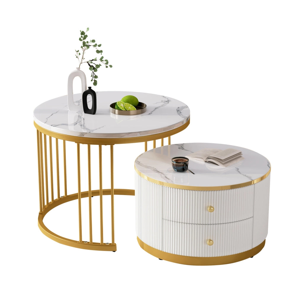 Set di 2 tavolini da caffè rotondi 60x60x45;5 cm e 50x50x32 cm; bianco lucido