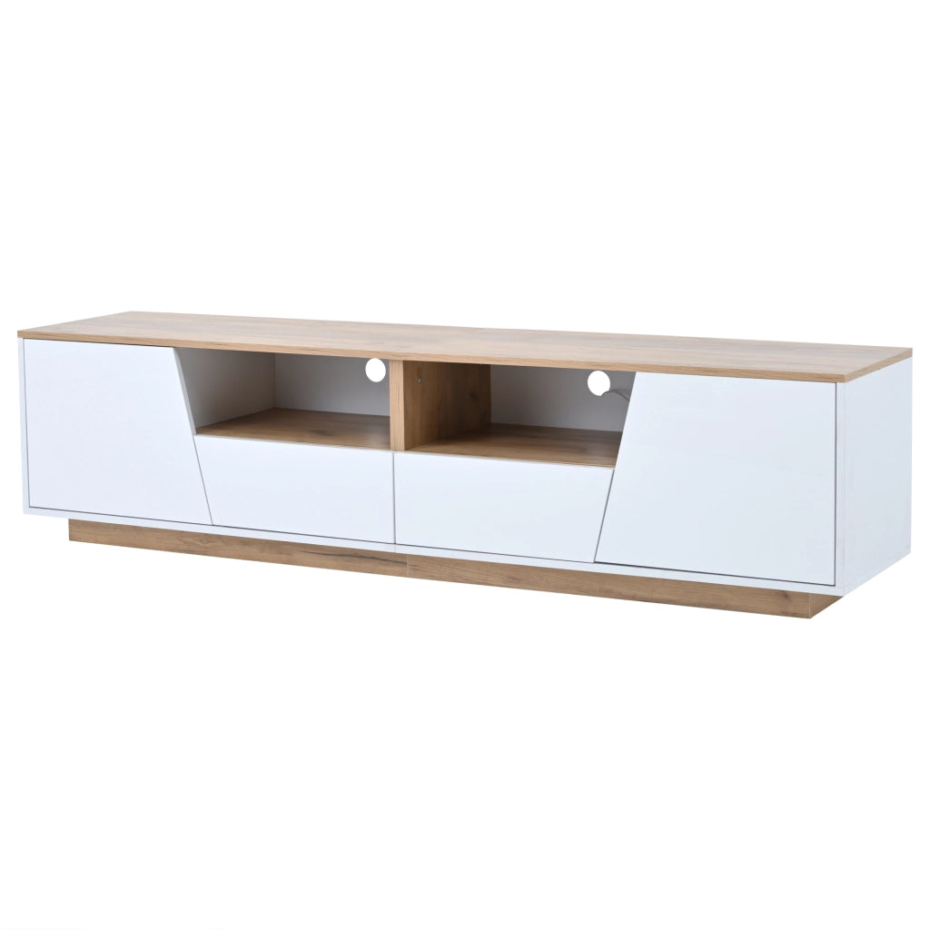 Mobile TV con LED 180x40x46 cm; 2 cassetti e 2 armadietti; bianco e legno naturale