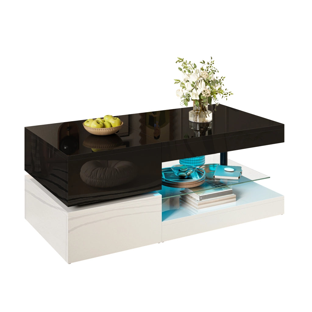 Tavolino da Salotto con LED e Controllo APP Bluetooth; Ripiano in Vetro; Finitura Lucida; Nero Bianco; 90×45×35;5 cm