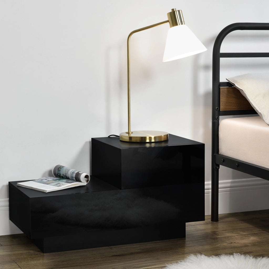 Comodino da Notte a 2 Cassetti 38 x 70 x 35 cm Cassettiera e Portaoggetti Mobile da Divano/Letto Posizione a Destra - Nero, Frontale Lucido