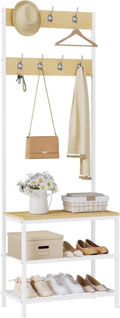 Appendiabiti Panca Porta Scarpe 3 in 1, Scaffale per Scarpe a 2 Livelli con Sedile e 7 Ganci, per Corridoio/Ingresso, Metallo + Legno Ingegnerizzato, Bianco + Rovere Chiaro, 60x31,5x170cm