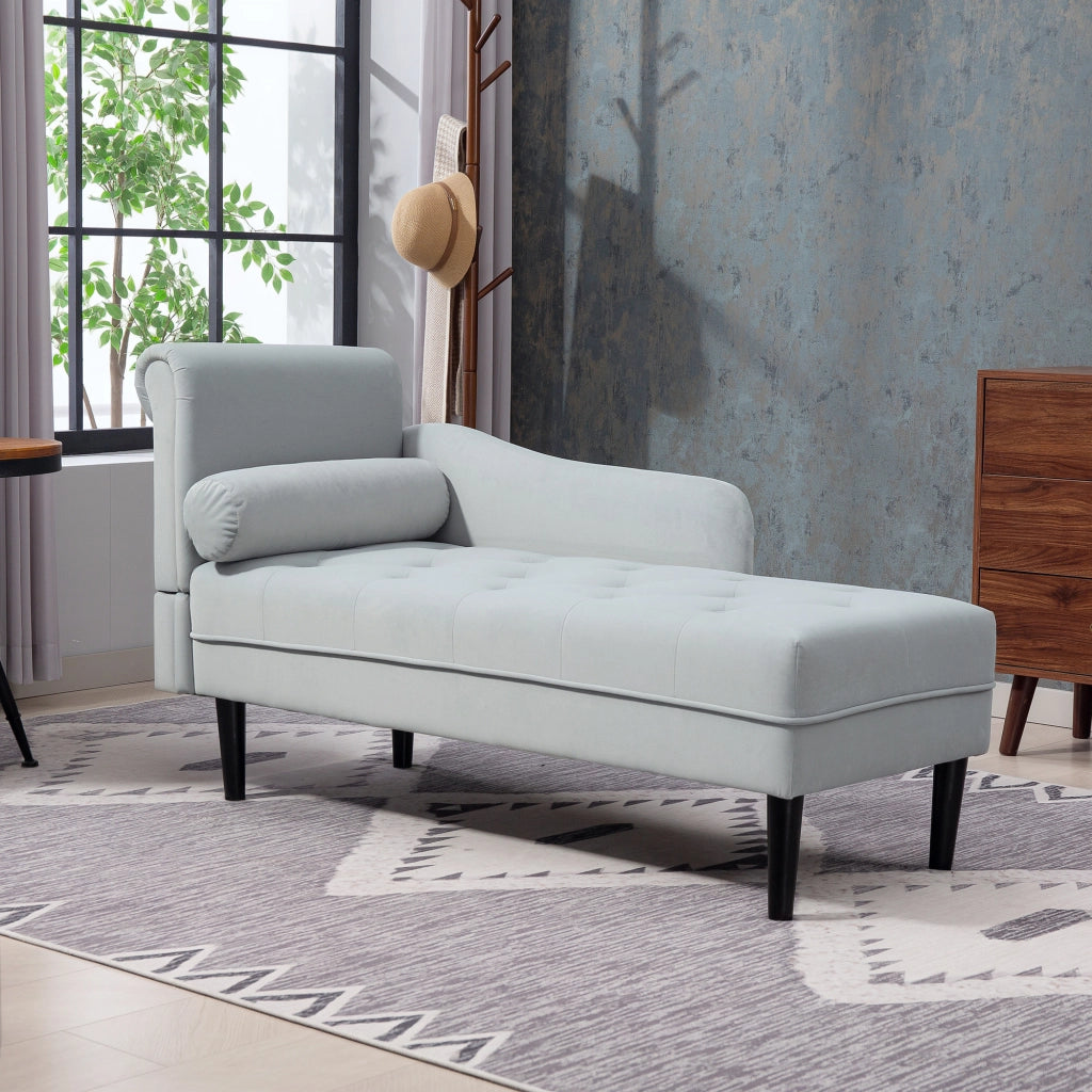 Chaise Longue ¨C Xylo ¨C Velluto Grigio Trapuntato, Legno Massello, 146x61x82.5 cm