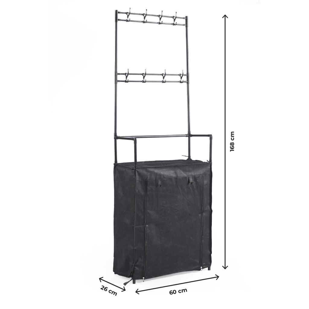 Scarpiera con Appendiabiti Salvaspazio 60/80x26x168 cm, Armadio Portascarpe in Metallo con 10 Ganci, Mobile Ingresso Rivestito in Tessuto Nero, Organizzatore per Ingresso e Camera 60x26x168-Tania