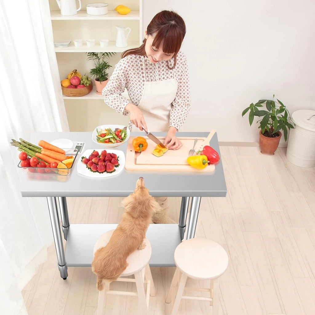 Tavolo da Lavoro per Cucina in Acciaio Inox, Piattaforma con Ripiano Regolabile in Altezza, Piedini Antiscivolo e Regolabili, Piano Cucina Ristorante e Magazzino (92x61x90cm)