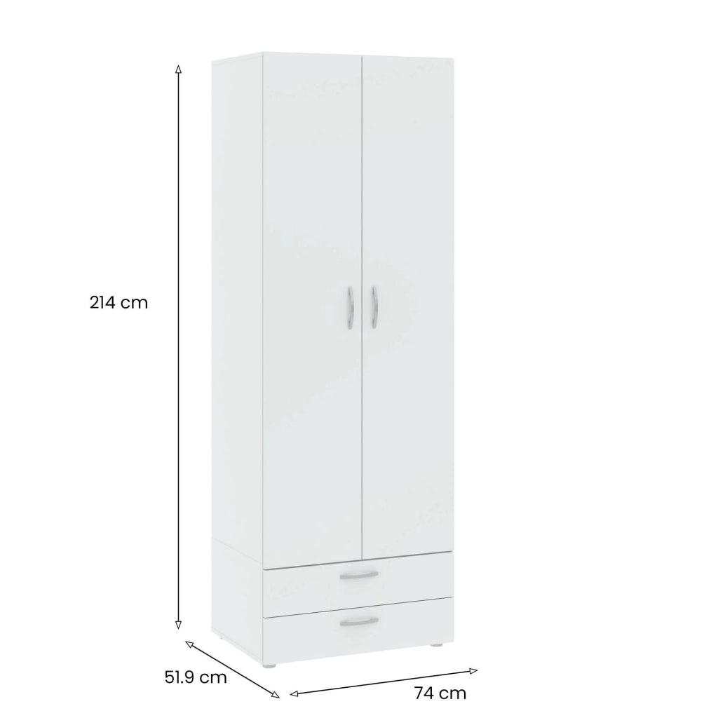 Guardaroba 2 ante Buriasco, Mobile camera da letto, Cabina armadio portabiti, Armadio appendiabiti, 74x52 h214 cm, Bianco
