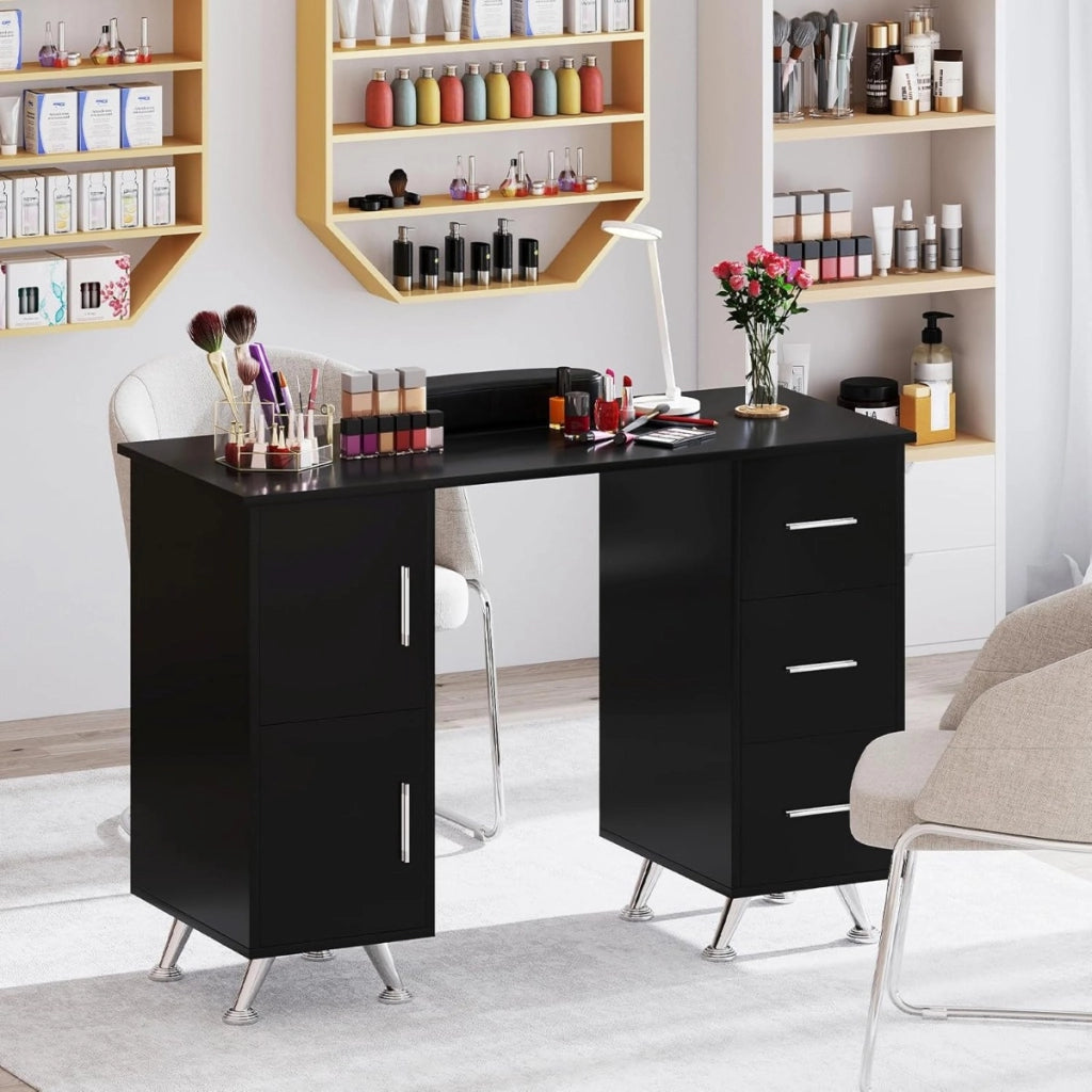 Tavolo per unghie con cassetti, Postazione lavoro in legno per nail art per salone di bellezza Nero-Scrivanie