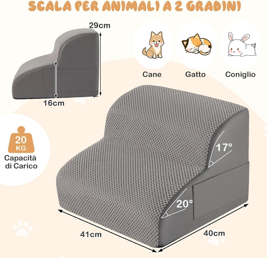 Rampa per Cani in Schiuma, Scale per Animali con Copertura Lavabile, Fondo Antiscivolo, Passi Incline per Letti e Divani, Scala per Animali Piccoli, Anziani e Feriti (Grigio,2,41 x 43 x 29cm)