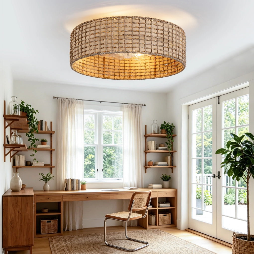 Ventilatore da soffitto con luce in rattan; controllo Bluetooth e telecomando; colore rame