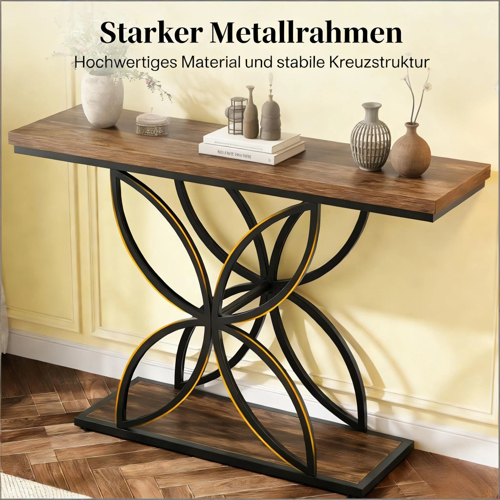 Consolle industrial chic con base in metallo nero e piano in MDF marrone per ingresso e soggiorno
