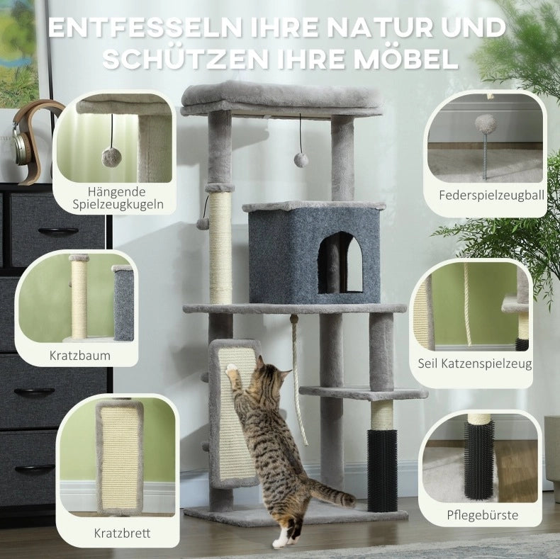 Tiragraffi per gatti con cuccia e lettino, 132 cm, grigio chiaro