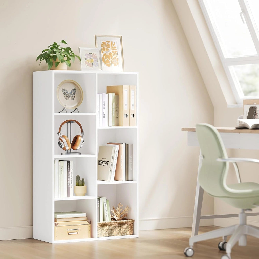 Libreria Bianca con 7 Scomparti a Giorno, Scaffale Moderno in Legno, Mobile Porta Libri Portaoggetti, Salvaspazio, per Ufficio, Studio, Salotto 59,5x29,5x108cm, SK004ws