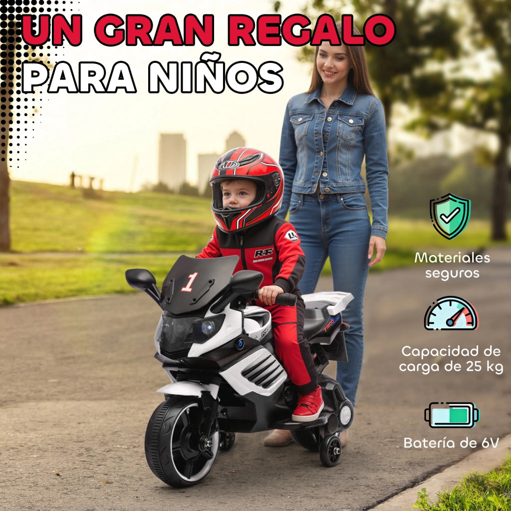 Moto Elettrica per Bambini 6V ¨C Xylo ¨C Bianco con Ruote di Supporto e Musica