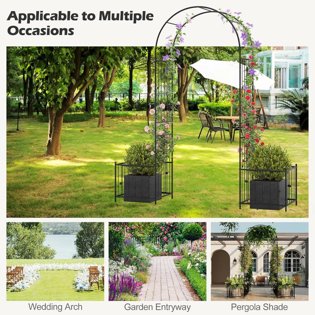 Arco da Giardino, Pergolato in Metallo con Fioriere Laterali, Arco da Esterno per Piante Rampicanti, Rose e Viti, Decorazione per Matrimonio e Festa, 198 x 49,5 x 221 cm