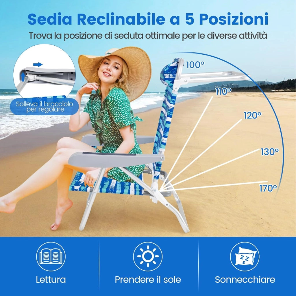 Set di 2 Sedie Pieghevole da Spiaggia, Lounge Sdraio con 5 Posizioni Regolabili, Poltrona da Mare con Cuscino, Porta Asciugamano, Braccioli & Portabicchieri, Portata 150 kg (Blu)