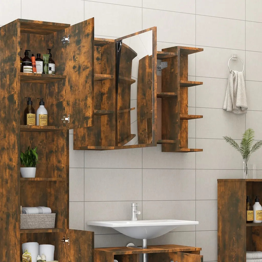 Mobile Bagno | Armadio da bagno Specchio Rovere Fumo 80x20,5x64 Legno Multistrato