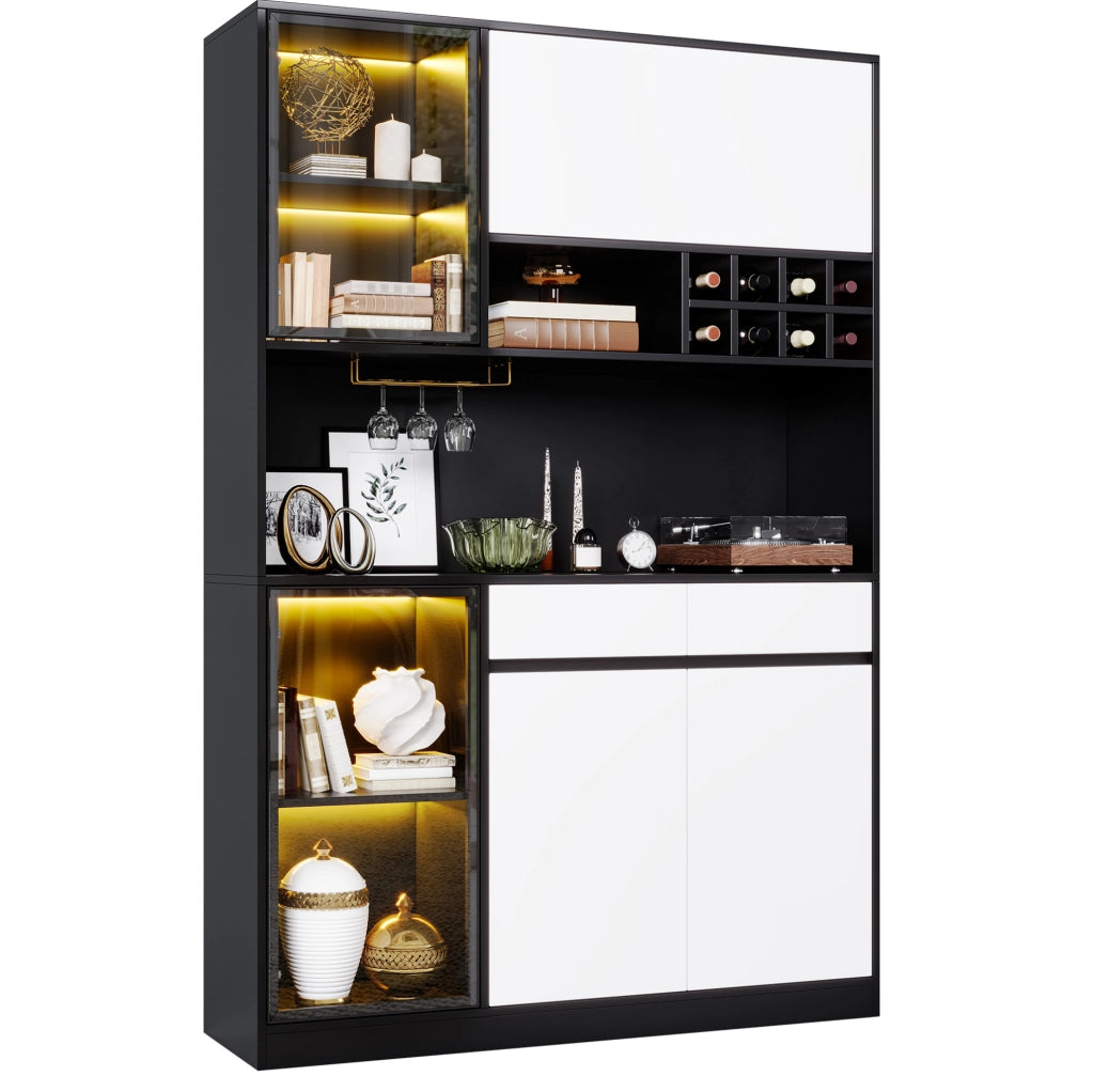 Highboard moderno con LED e vetrine 120x35x180 cm in MDF; nero e bianco