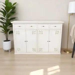 Credenza madia buffet mod Lia in legno Shabby chic bianco anticato decorato filetto ornata verde