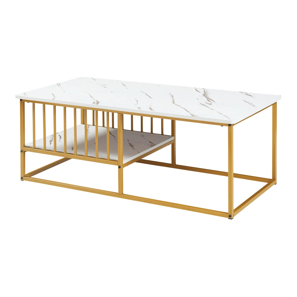 Tavolino Centrale da Salotto Raukurg con Ripiano 120 x 60 x 44 cm - Effetto Marmo Bianco / Dorato [en.casa]