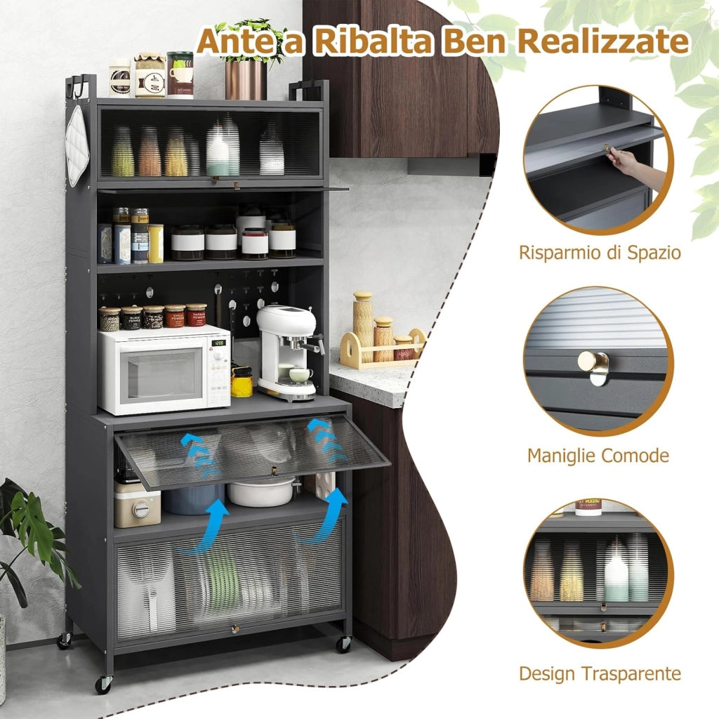 Credenza Alta per Cucina con 6 Ripiani e 4 Ante a Ribalta Traslucide, Mobile Cucina con Ruote e Panello a Ganci, Armadio Cucina Porta Microonde, per Soggiorno (Grigio, 80 x 40 x 178 cm)