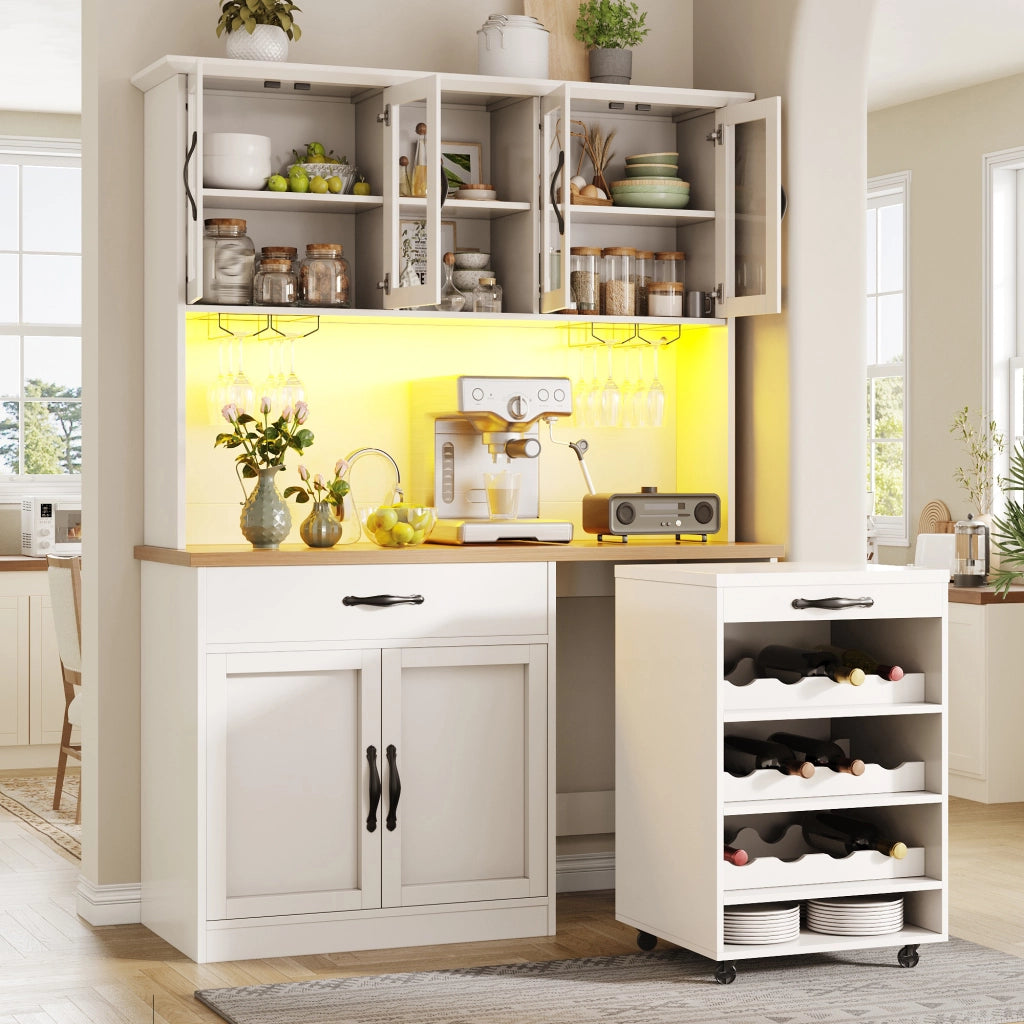 Credenza con LED dimmerabile e carrello estraibile, per cucina e sala da pranzo, in MDF, bianco, 140 × 38 × 180 cm