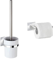 Supporto per spazzola per il water, 9,5 x 35,5 x 12 cm, cromato & Supporto per i rulli del water senza coperchio, 16,5 x 6,5 x 7 cm, cromato