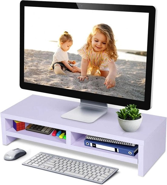 Supporto Elevatore per Monitor con Reticolo di Deposito in Legno - Stand per PC Laptop Notebook in Legno Massello - Supporto Monitor Grosso in Legno - Antiscivolo - Stabile - 50*20*11.7cm