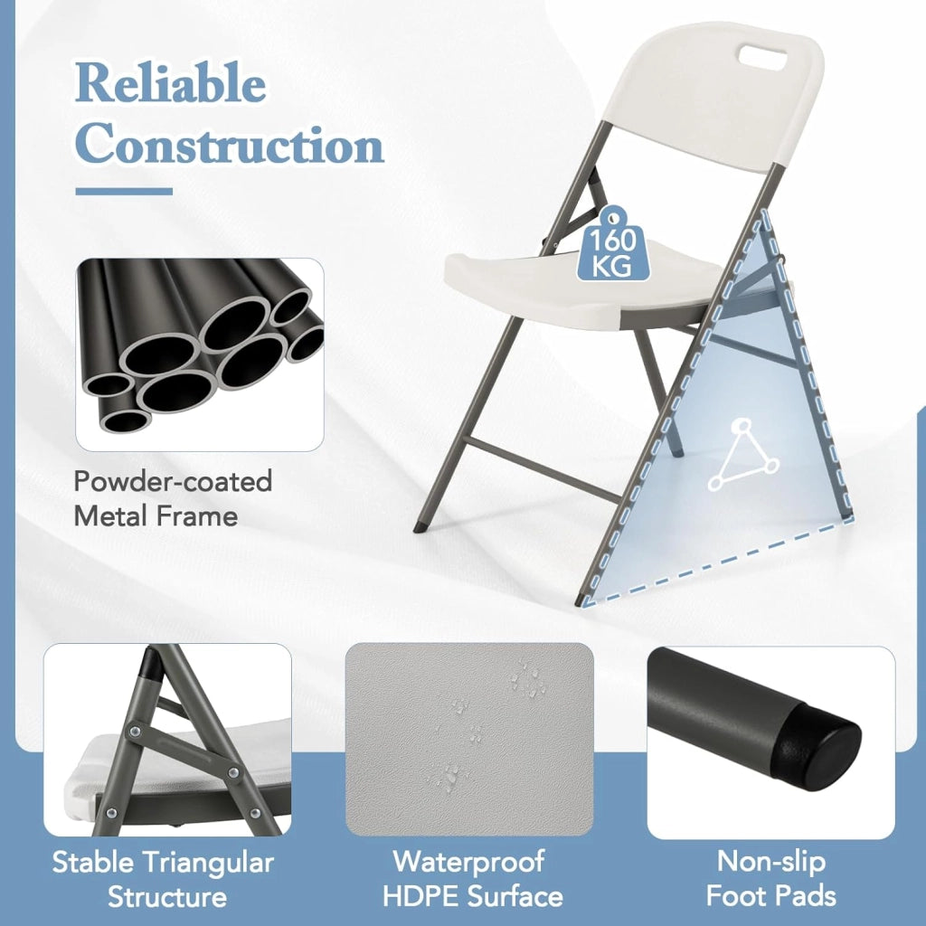Set di 4 sedie pieghevoli in plastica, sedile in HDPE impermeabile e struttura in metallo, schienale con manico, sedie portatili per matrimonio, conferenza (bianco)
