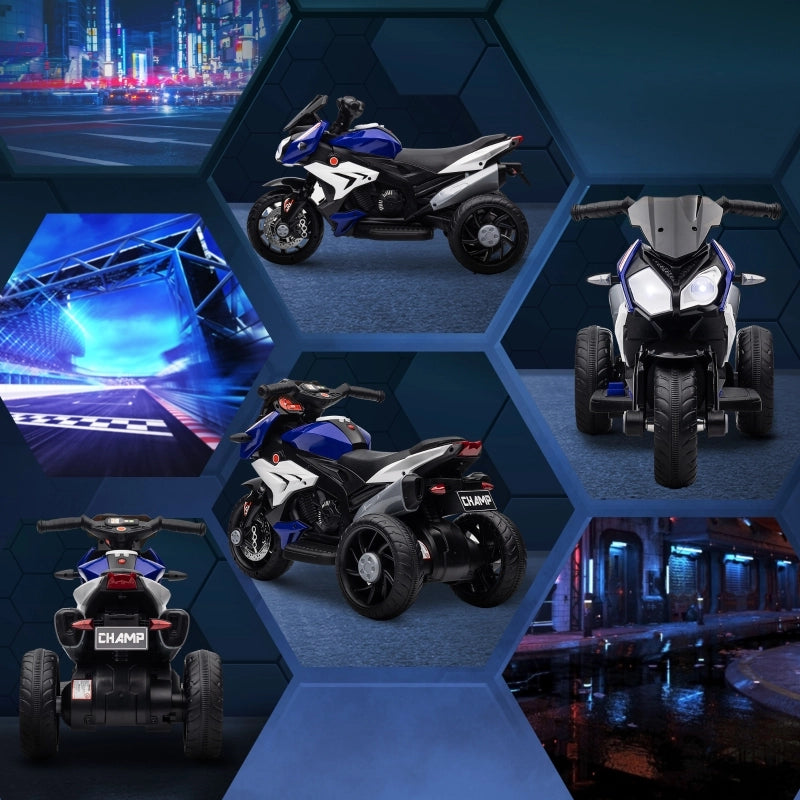 Motocicletta elettrica per bambini, con luci e suoni, 3 km/h, ricaricabile, in plastica e metallo, blu/bianca