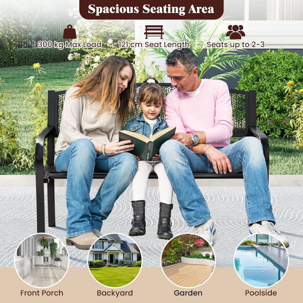 Panca da giardino in metallo a 2 posti, con braccioli comodi e seduta curva, seduta a doghe e schienale elegante, per 2-3 persone, panchina per parco, patio, balcone (nero)
