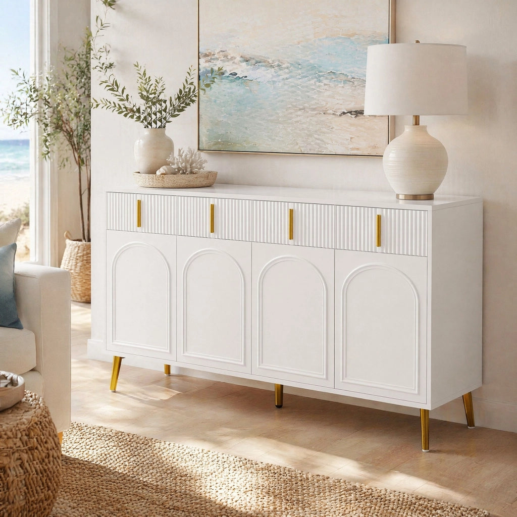 Credenza 140x38x82 cm in MDF bianco con 4 ante; 4 cassetti e dettagli oro