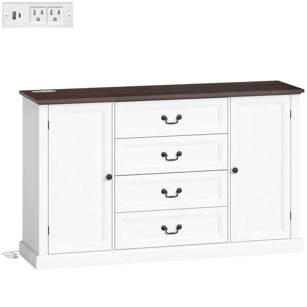 Credenza da Cucina Stile Vintage 147x40x87 cm con 4 Cassetti e 2 Armadietti con Mensole Regolabili Legno Bianco