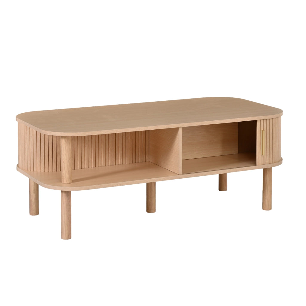 Tavolino da caffè 110×55×45 cm in MDF, design scandinavo con porta scorrevole, vani aperti e portata fino a 60 kg