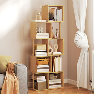 Libreria Moderna Asimmetrica a 5 Livelli 62,5x23x165 cm in Bambù Colore Legno Naturale