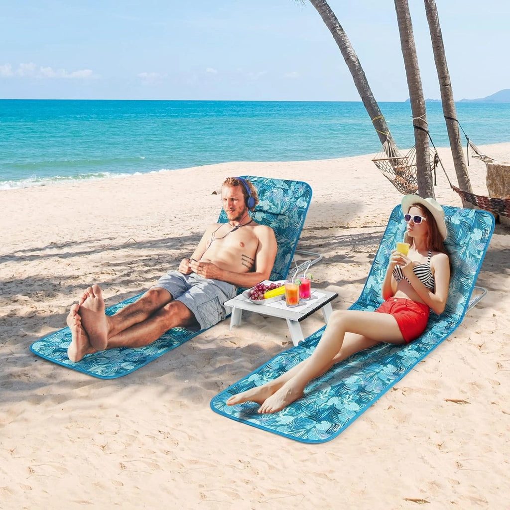 Set di 2 Materassi da Spiaggia Pieghevoli e Tavolino, Sedie a Sdraio da Spiaggia Regolabili in 5 Posizioni con Poggiatesta Rimovibile, Tasca per Giardino, Campeggio (Verde)