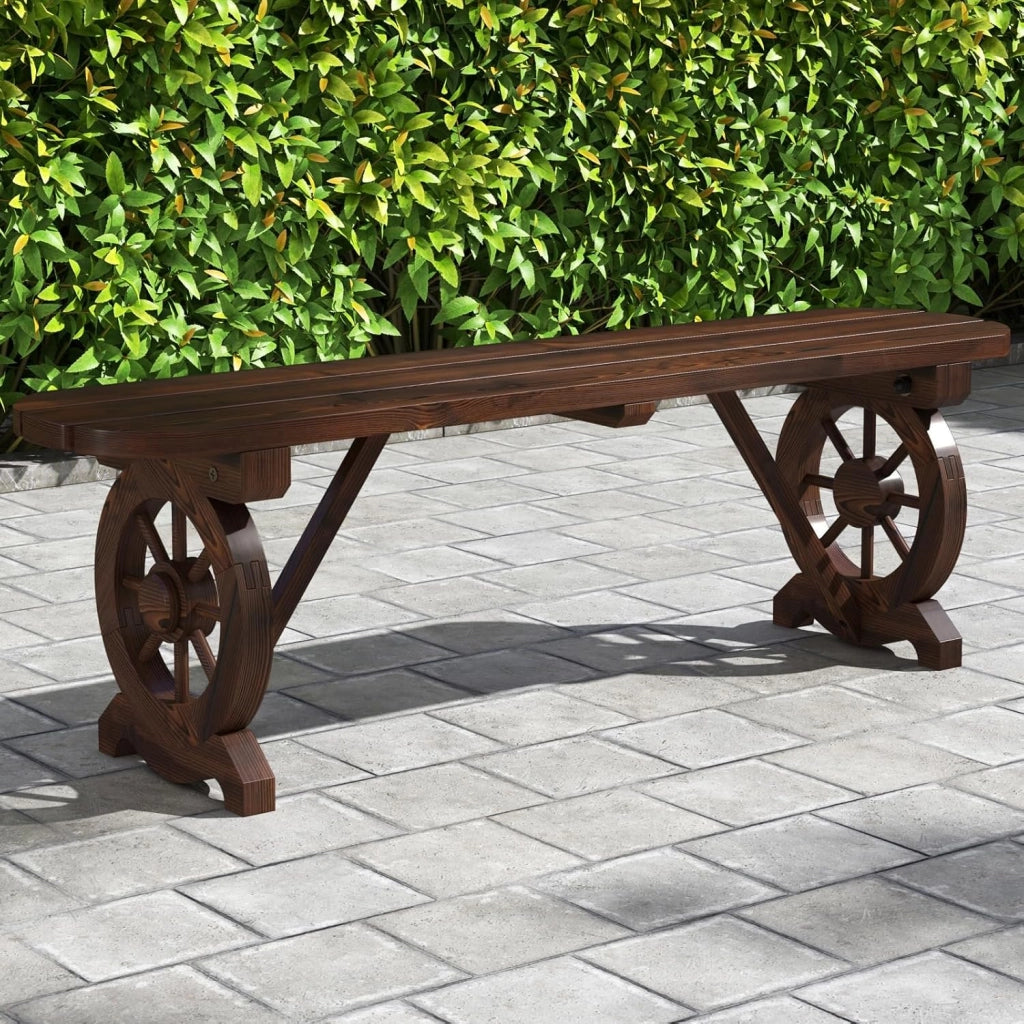 Panchina in Legno Rustico, Panchina da Esterno con Base a Ruota di Carro, Design Sedile a Doghe, Panchina a 2 Posti per Giardino, Balcone e Cortile, Portata 325 kg