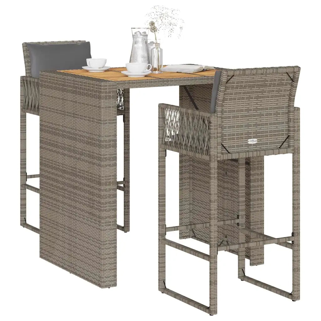 vidaXL Set Bar da Giardino 3 pz con Cuscini Grigio Polyrattan Acacia