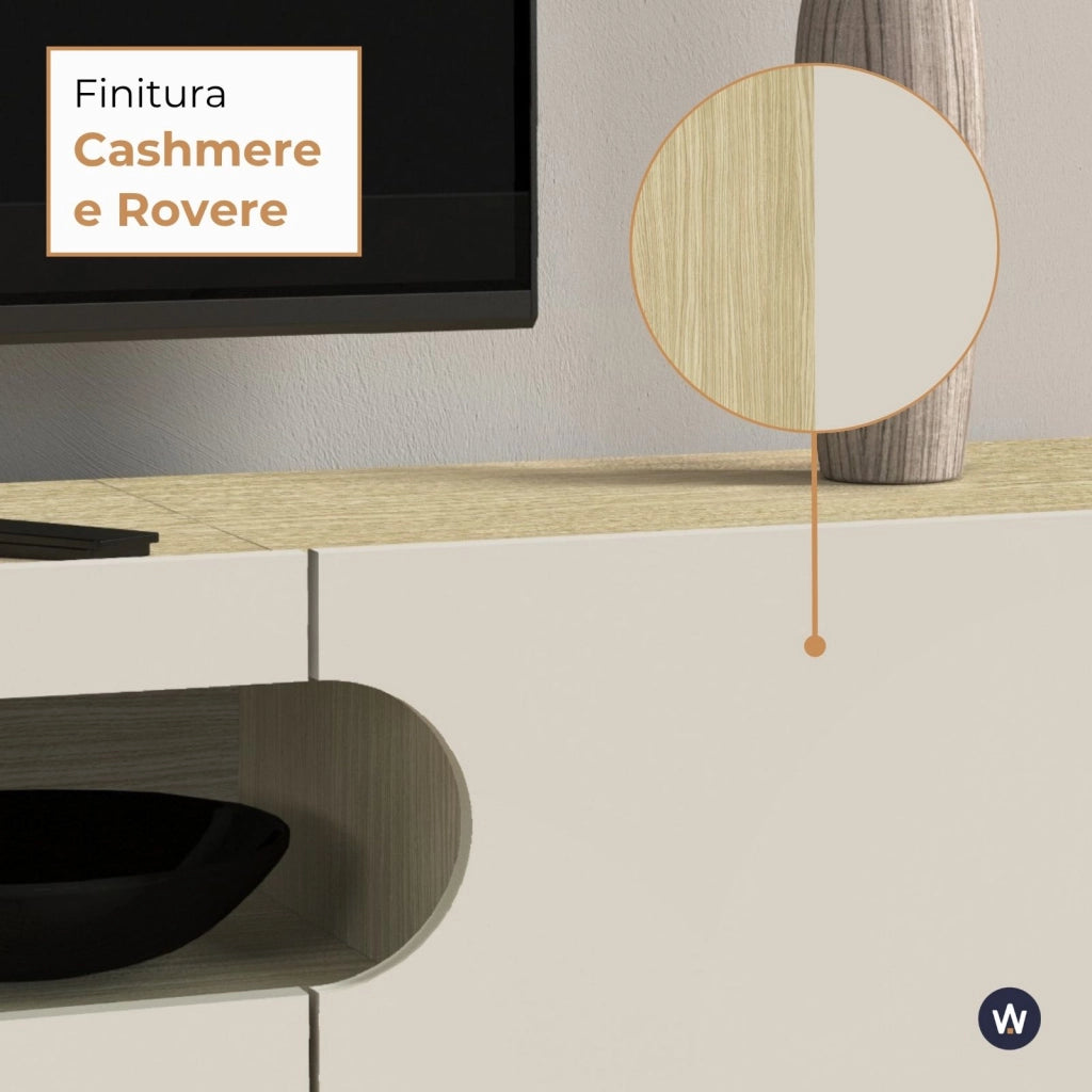 WHOUS Mobile porta TV Real con 2 ante laterali 1 ribalta e 1 vano aperto cashmere e rovere chiaro 240x40x40 cm